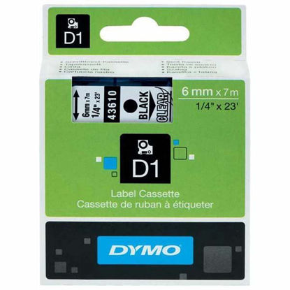 Resim Dymo 43610 D1 Plastik Şerit Etiket 6mmx7mt Şeffaf/Siyah