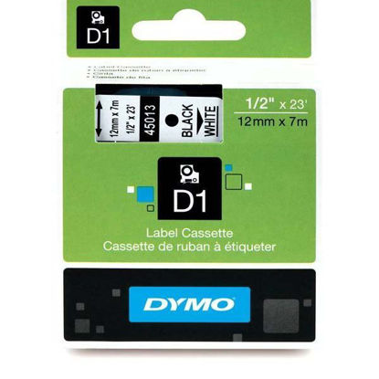 Resim Dymo 45013 D1 Plastik Şerit Etiket 12mmx7mt Beyaz/Siyah