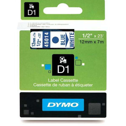 Resim Dymo 45014 D1 Plastik Şerit Etiket 12mmx7mt Beyaz/Mavi