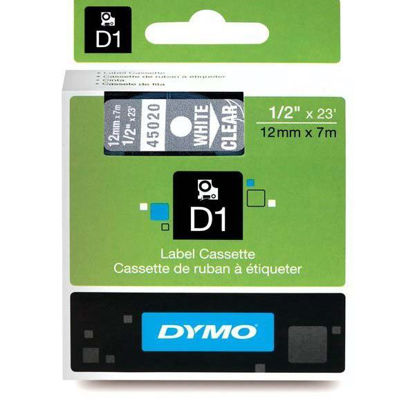 Resim Dymo 45020 D1 Plastik Şerit Etiket 12mmx7mt Şeffaf/Beyaz